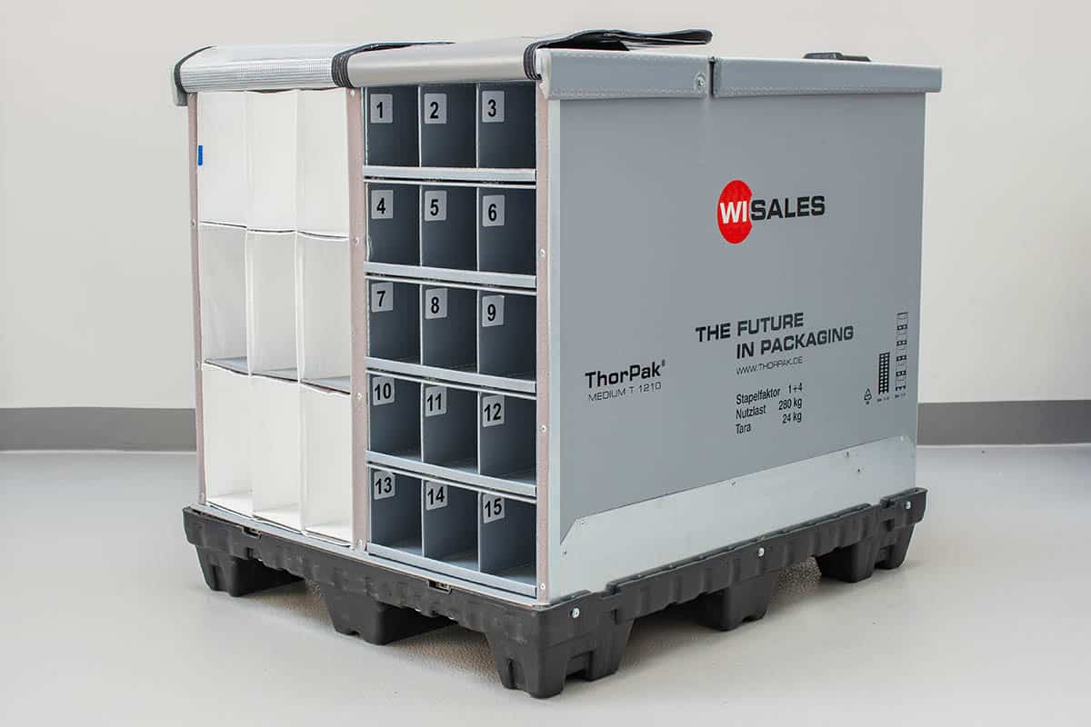 Foldable large load carriers/steel racks for the transport of sensitive components. ThorPak® systems/steel frames in combination with pocket systems, foam inserts, compartments, textile pockets, deep-drawn intermediate layers and toothed strips.